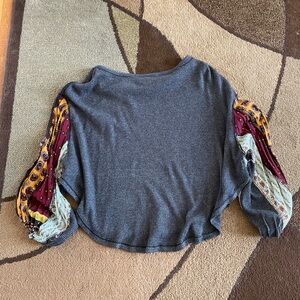 Free People Charcoal Top with Colorful Patterned Sleeves